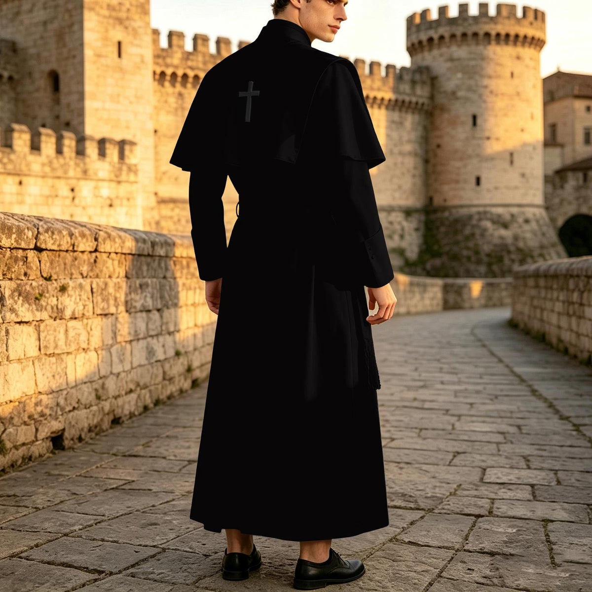 JOANKDMI Catholic Priest Costume for Men Clergy Cassock Robe with Capelet and Sash Halloween Party Outfit Religious Father Minister Fancy Dress for Men