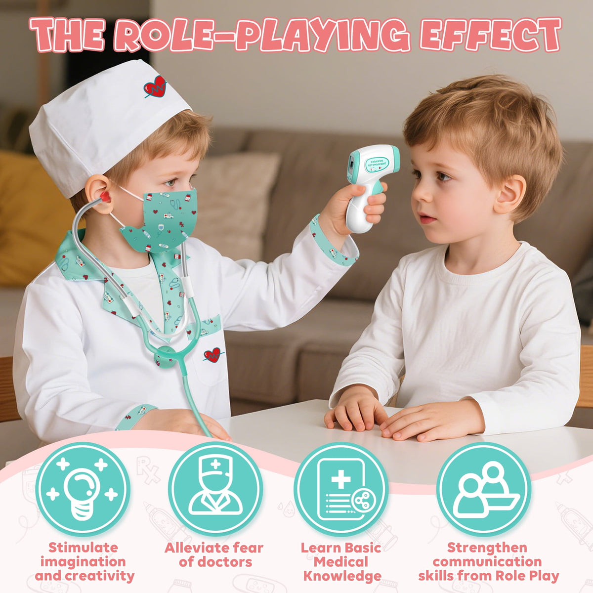 Doctor Costume Set for Kids, Pretend Play Doctor Dress up Clothes with Medical Accessories, Kids Doctor Costume Set Toy for Age 3 4 5 6 Boys Girls - Pink(110cm*3.6in)