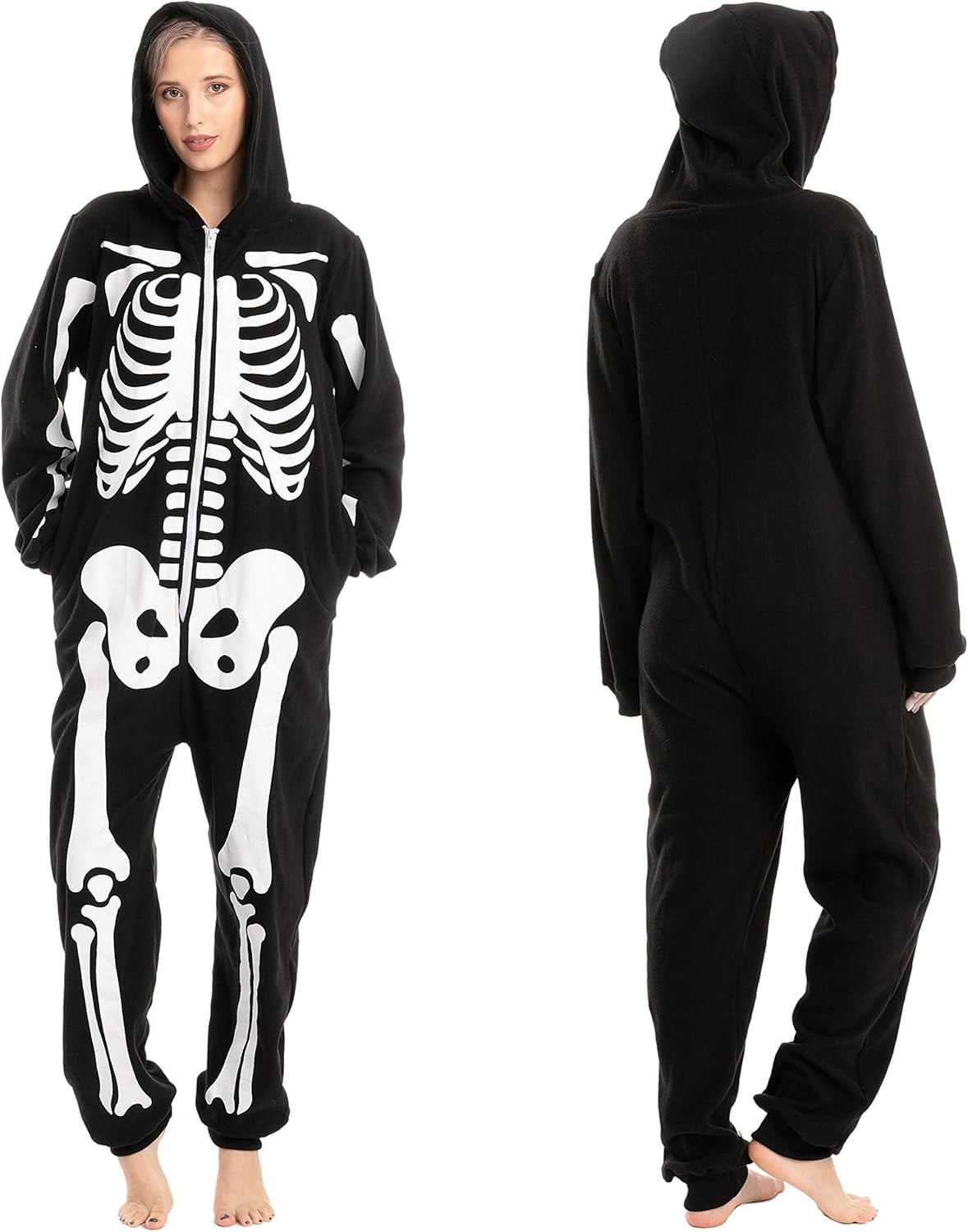 Joyfy Skeleton Costume for Adult Unisex Zip-Up Hooded Jumpsuit Pajama for Halloween Party Cosplay and Themed Events