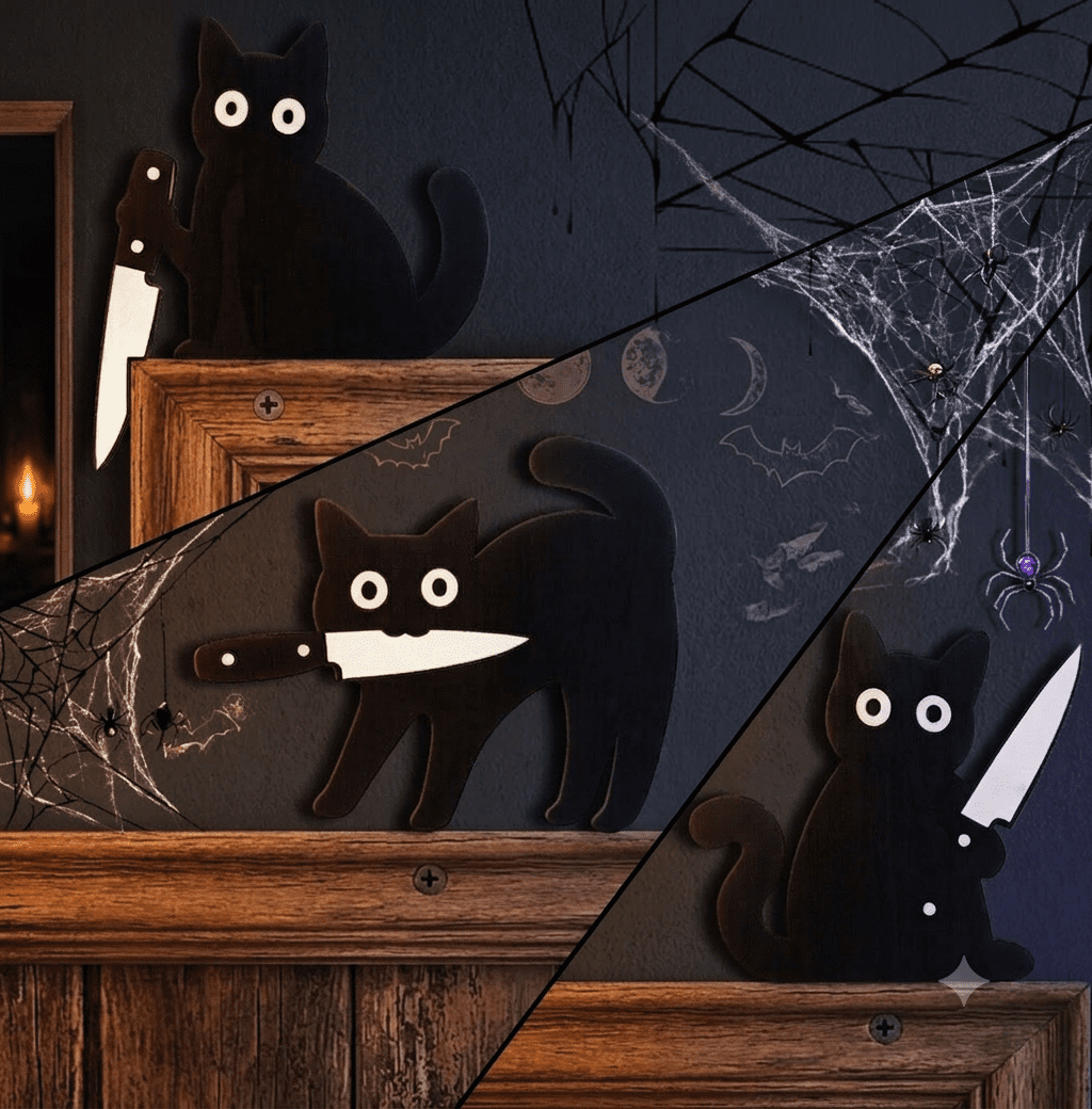 Halloween Wall Decorations Set of 3 Cat-8.6" Black Cat Wooden Indoor Halloween Decoration for Door Cornor for Entrance Hall, Kitchen, Shelf Ultimate Door Corner Decoration