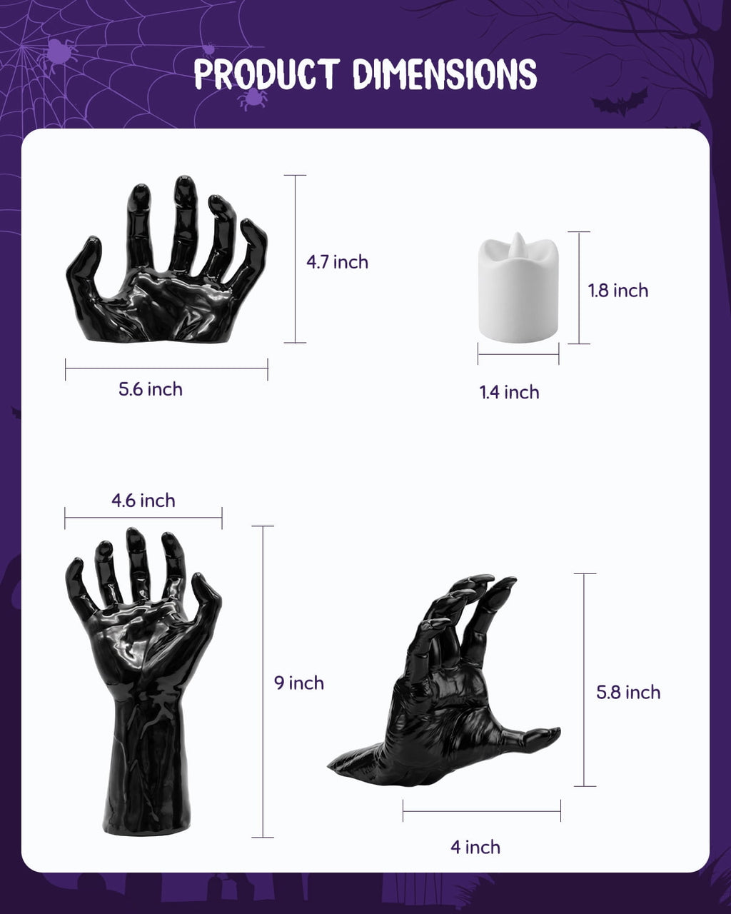 Yinghao Halloween Decoration 3 pack Black Ghost Hands Decor with LED Candle, Life-sized Gothic Design, Screw and Adhesive install, 3 Flameless Candle