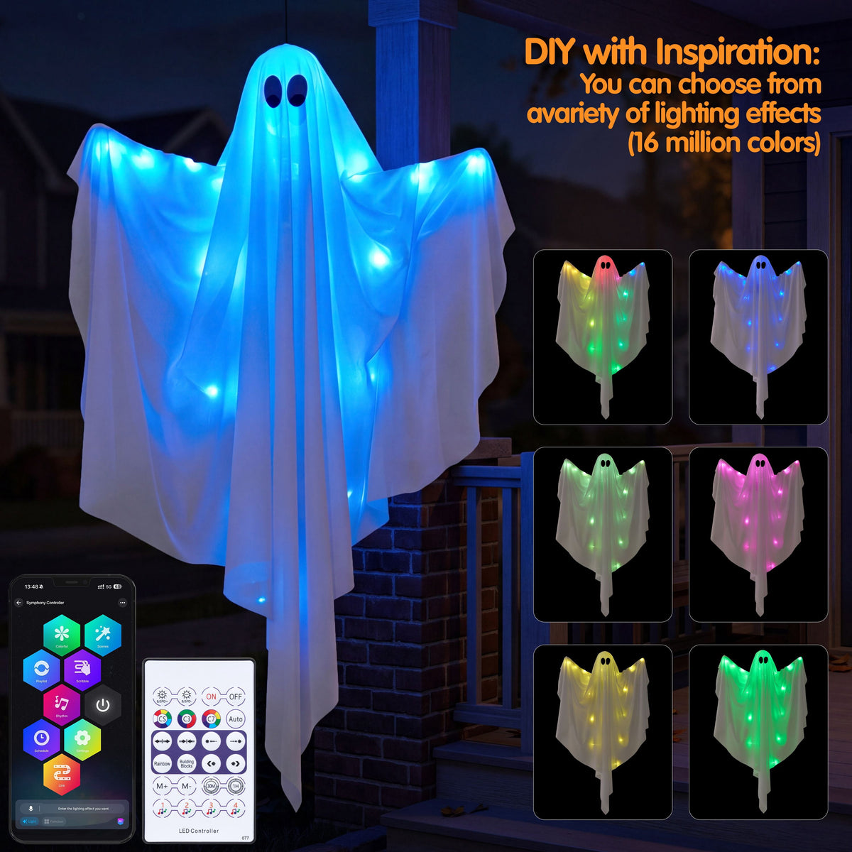 Joyfy 47" Halloween Hanging Light up Ghost Decorations Outdoor,White Ghosts with Blue LED Light and Timer Halloween Hanging Decoration Waterproof for Front Yard Patio Lawn