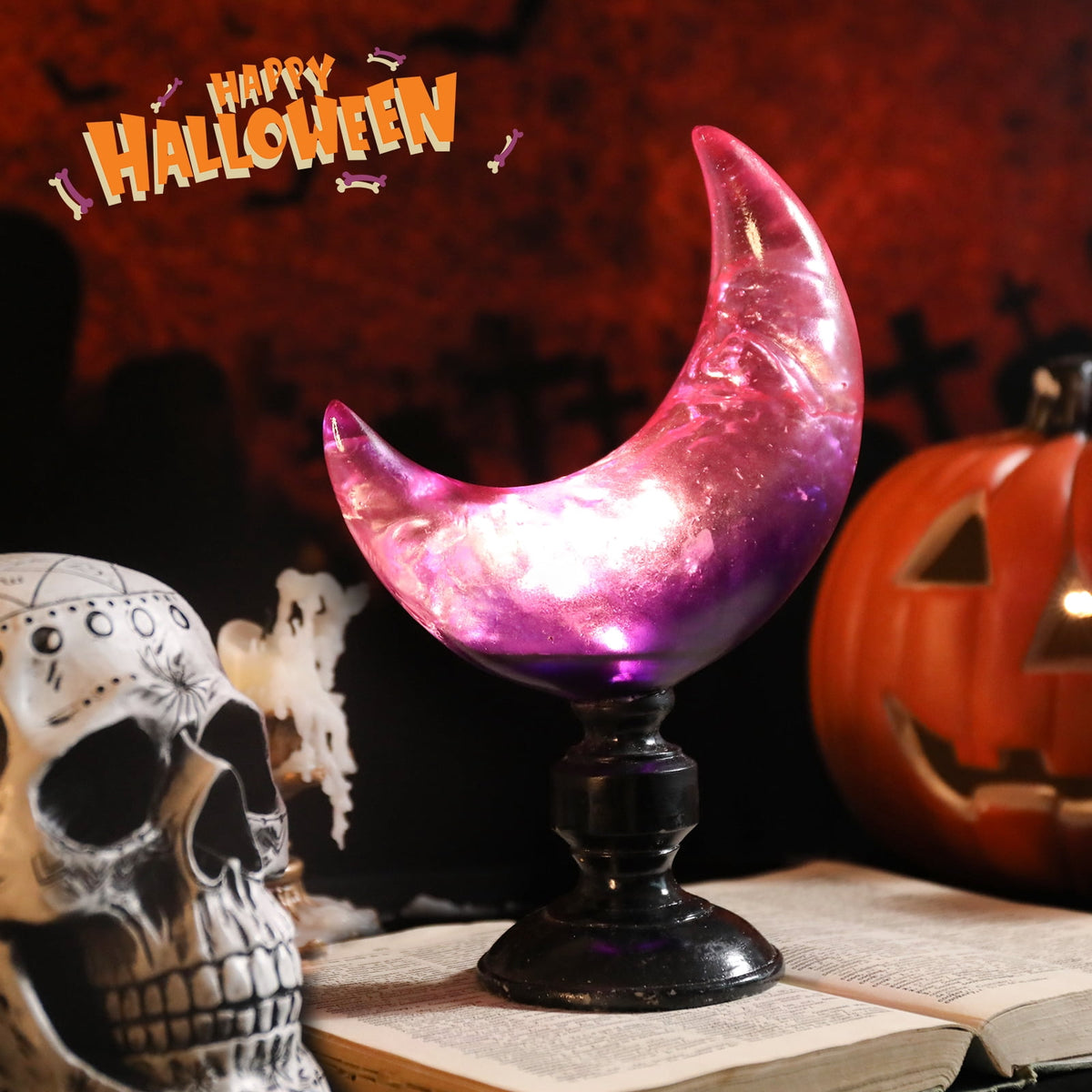 Halloween Purple Glass Moon Ornament with LED Lights, Swirled Pattern & Black Pedestal for Halloween Decor,Indoor Table Decor