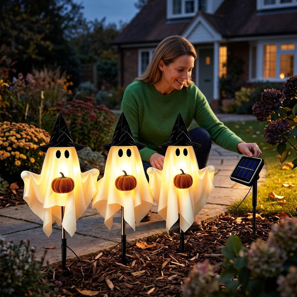1-Pack Halloween Solar Lights with 8 Lighting Modes - Light Up Ghost Decorations for Outdoor, Witch Hat With Dimensional Pumpkin Halloween Ghost Path Lights