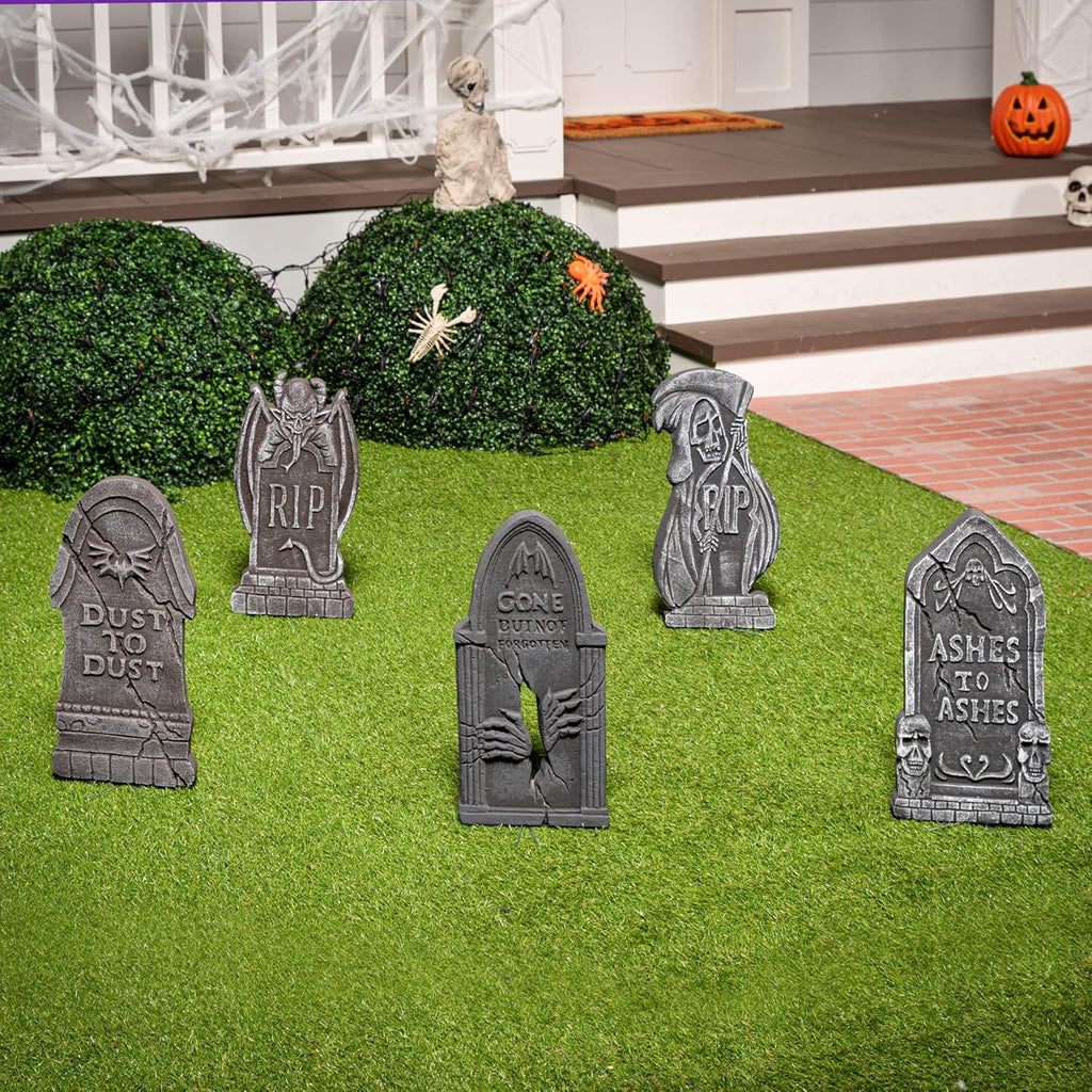 Joyfy 17" Halloween 5 Pack Tombstone Decorations, Foam RIP Graveyard Signs Cemetery Headstones Scary Outdoor Indoor Halloween Decor with 12 Metal Stakes for Easy Set Up, Waterproof for Garden Lawn