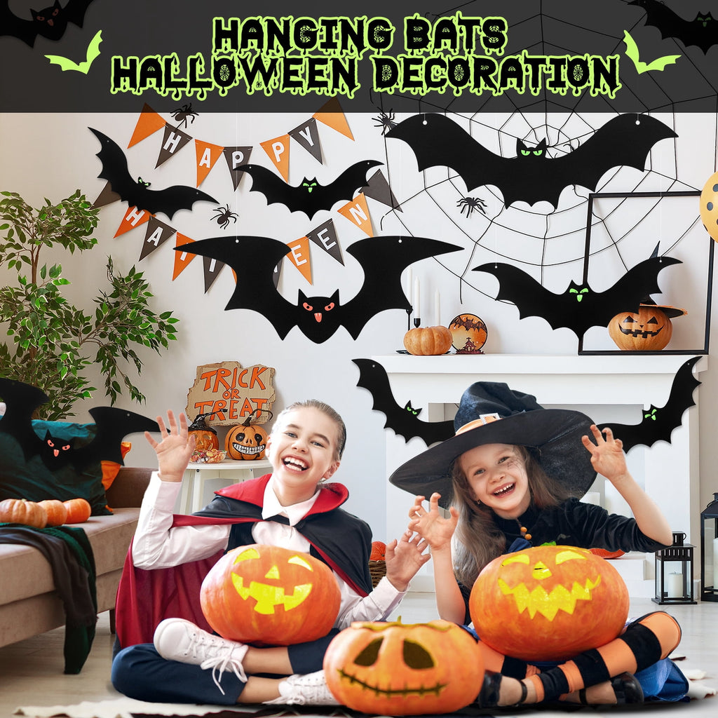 HiberyHom 24 Pack Hanging Bats Halloween Decorations Outdoor, Waterproof Black Plastic Bats 3 Different Sizes with Glowing Eyes Stickers, Bat Decorations Perfect for Halloween Hanging Tree Decor