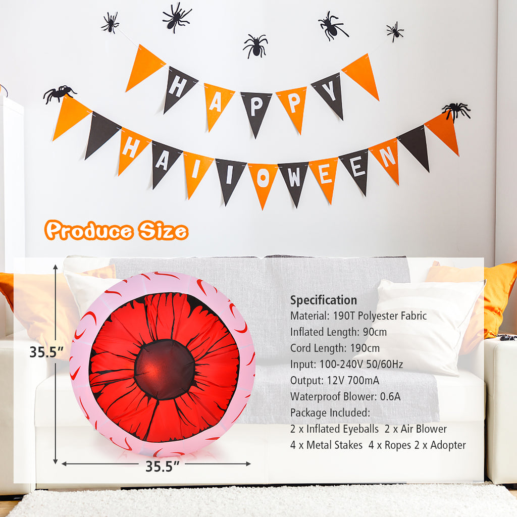 Gymax 2-Pack Inflatable Halloween Eyeballs 3ft Yard Decoration w/ Built-in LED Lights