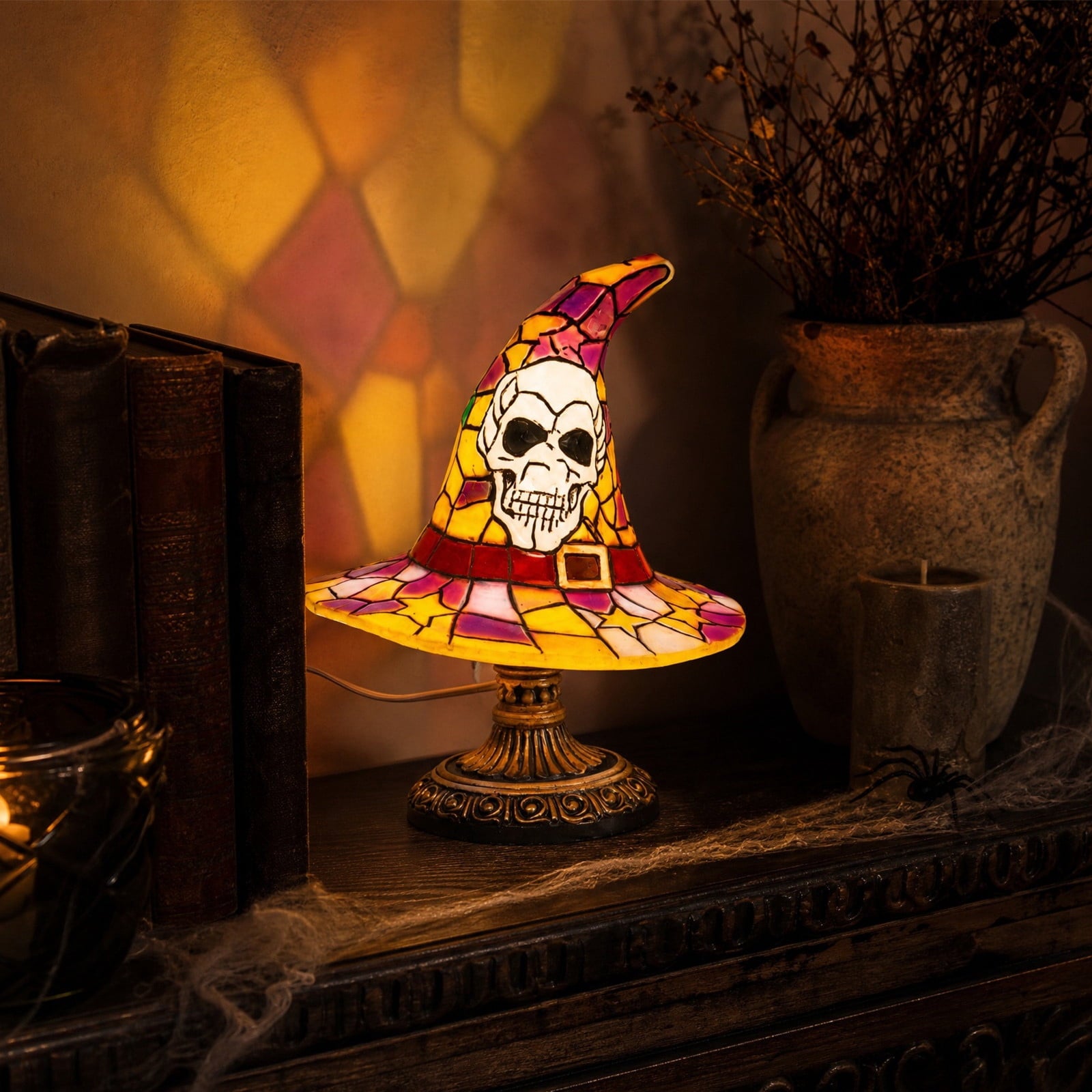 Clearance Halloween Table Lamp Decorations, Witch Hat Lamp Gifts - Handcrafted Retro Resin Witch Lamp, USB Powered Gothic Wizard Hats Night Light, Home Decor Accent Lamps for Bedroom