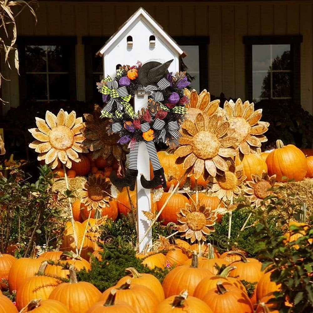 TETOU Halloween Wreaths for Front Door, 27" Witch Wreath Halloween Costumes, Autumn Door Wreath Witch's Hat and Legs Pumpkin Halloween Indoor & Outdoor Wall Decor