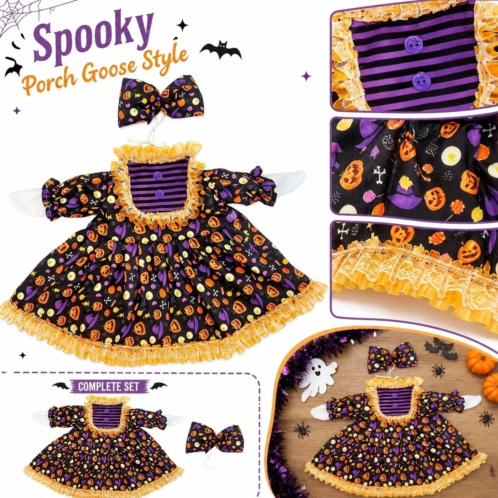 Bat Witch Hat Spiderweb Halloween Goose Clothes Fit 17/23In Cement Plastic Lawn Goose, Stylish Full Set for Outdoor Yard Patio Garden Seasonal Halloween Home Ornamental Arrangement