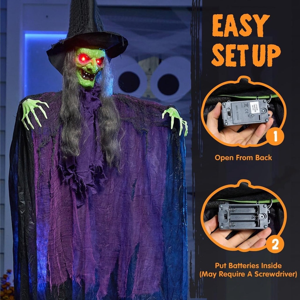 Joyfy 47" Halloween Decorations Outdoor,Life Size Animated Witch Scary Decorations Halloween Motion Activated Witch with LED Eyes & Sound,Haunted House Decor