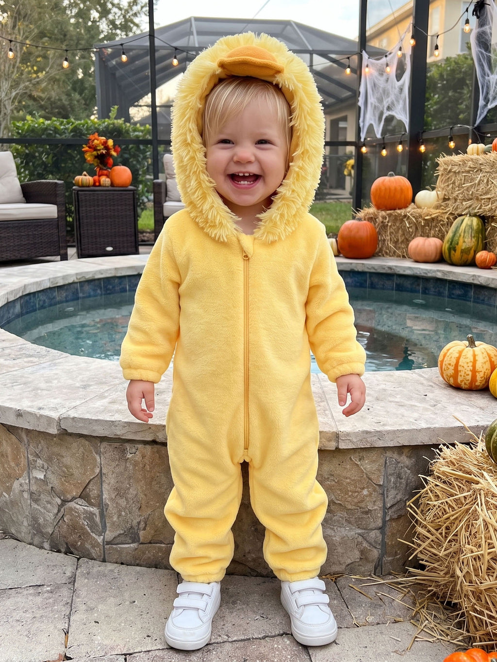RUINIXCW Toddler Baby Girl Boy Halloween Chick Costume Cosplay Outfit Infant Fall Winter Clothes Snowsuit Fleece Jumpsuit Long Sleeve Hooded Romper