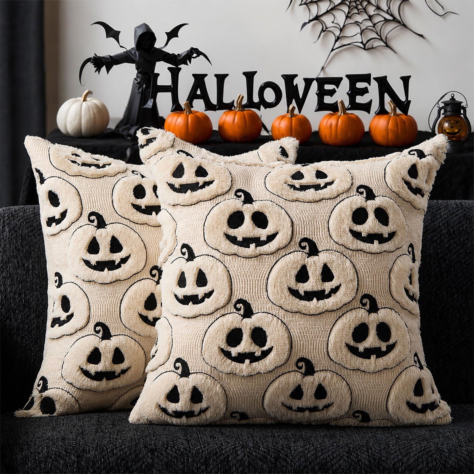 Halloween Ghost Reading Book Throw Pillow Cover, Spooky Library Bookshelf Skull Candlestick Decorative Pillowcase, Retro Halloween Cushion Cover