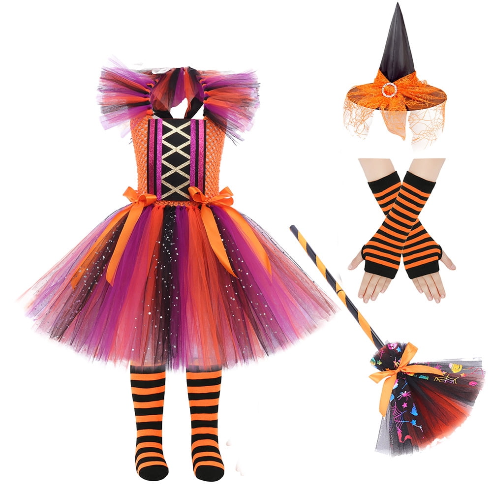 Halloween Cute Purple Witch Costume Set for Toddler Girls, Bat Outfit Dress with Witch Hat & Magic Broom