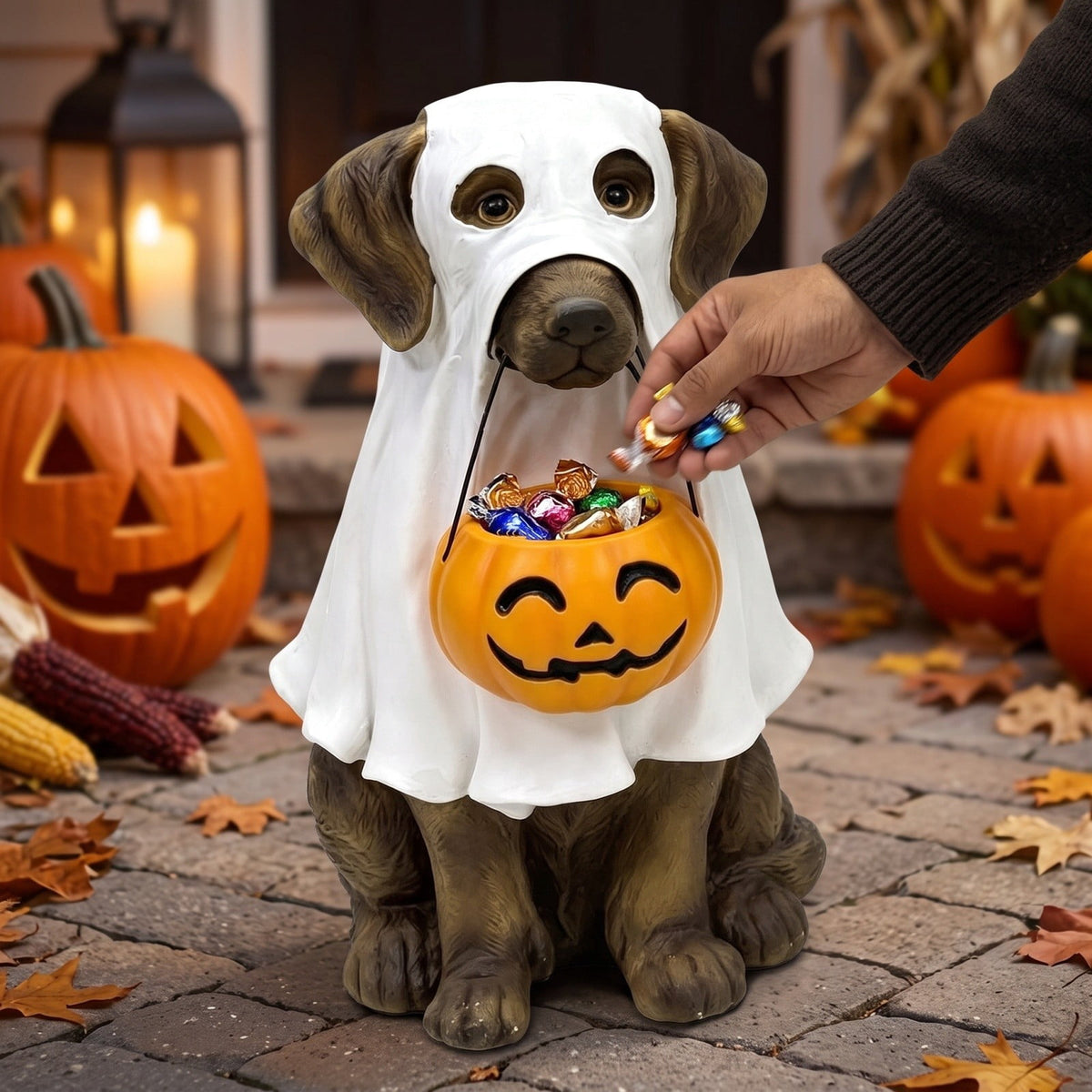 Halloween Dog Greeter - Frenchie 7.9in Resin Witch Dog with Light-Up Pumpkin, Spooky Fall Decor, Indoor Outdoor Tabletop Decoration