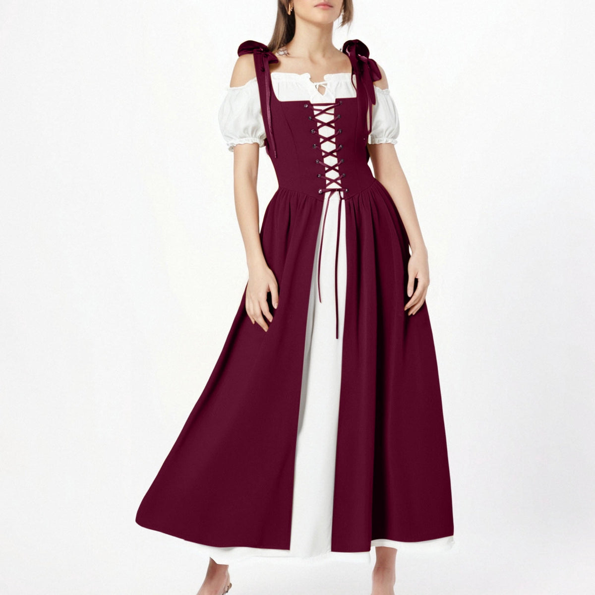QATAINLAV Renaissance Costume Women Vintage Medieval Dress Cold Shoulder Short Sleeve Peasant Pirate Irish Maxi Dresses, Black, L