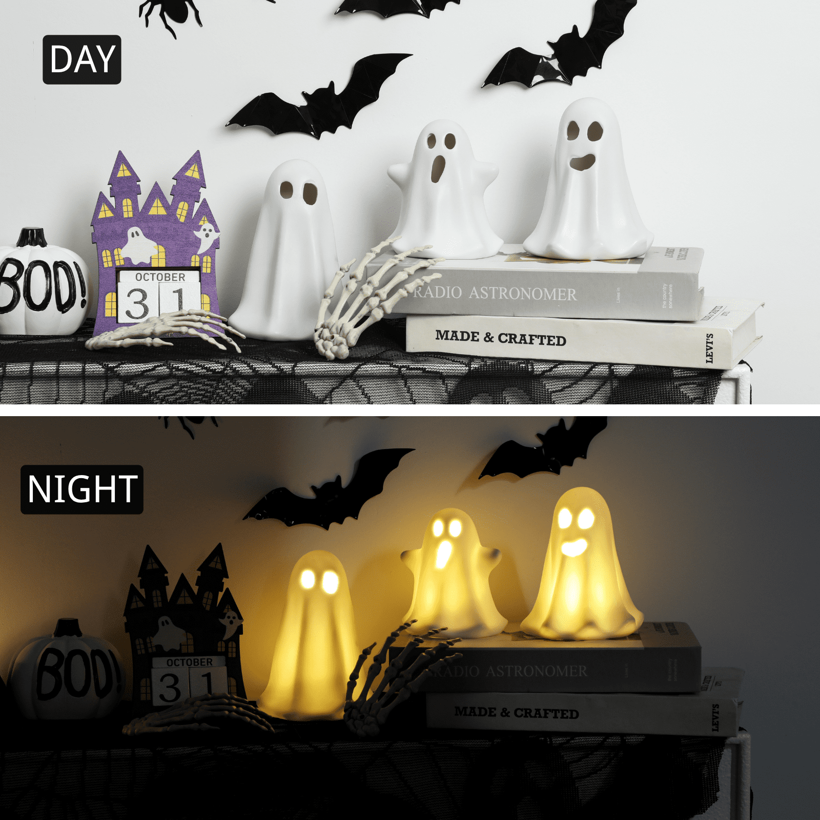 3 Pack Halloween Ceramic Ghost Decor, Cute Halloween Ghost with LED Lights, Small Ghost Spooky Figurines for Halloween Tabletop Centerpieces Fireplace Indoor Decoration