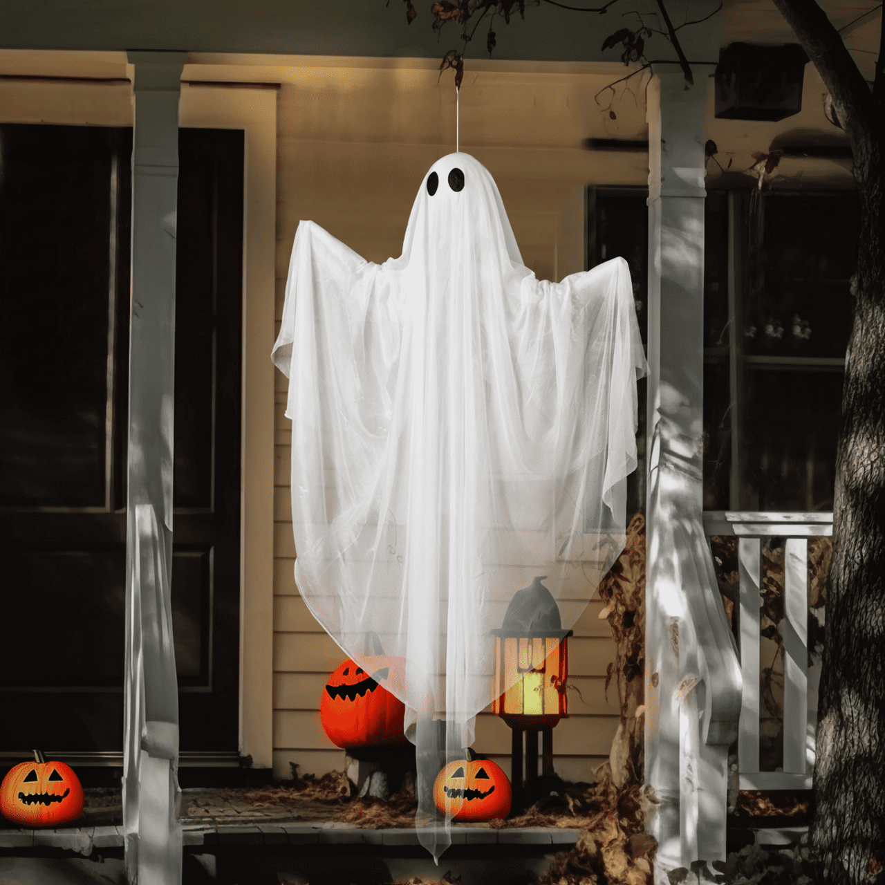 Joyfy 47inch Halloween Decorations Outdoor Hanging Ghost,Light up White Ghosts with Spooky Warm White LED Light,Halloween Outdoor Yard Porch Decorations,Haunted House Decorations