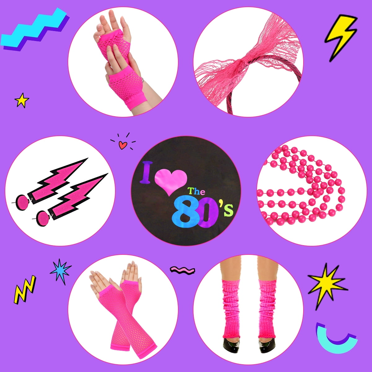 80s Costume for Women,80's Off Shoulder T-Shirt Headband Earring Necklace Fishnet Gloves Legwarmers for Women 80s outfit for 80s Party 22PCS