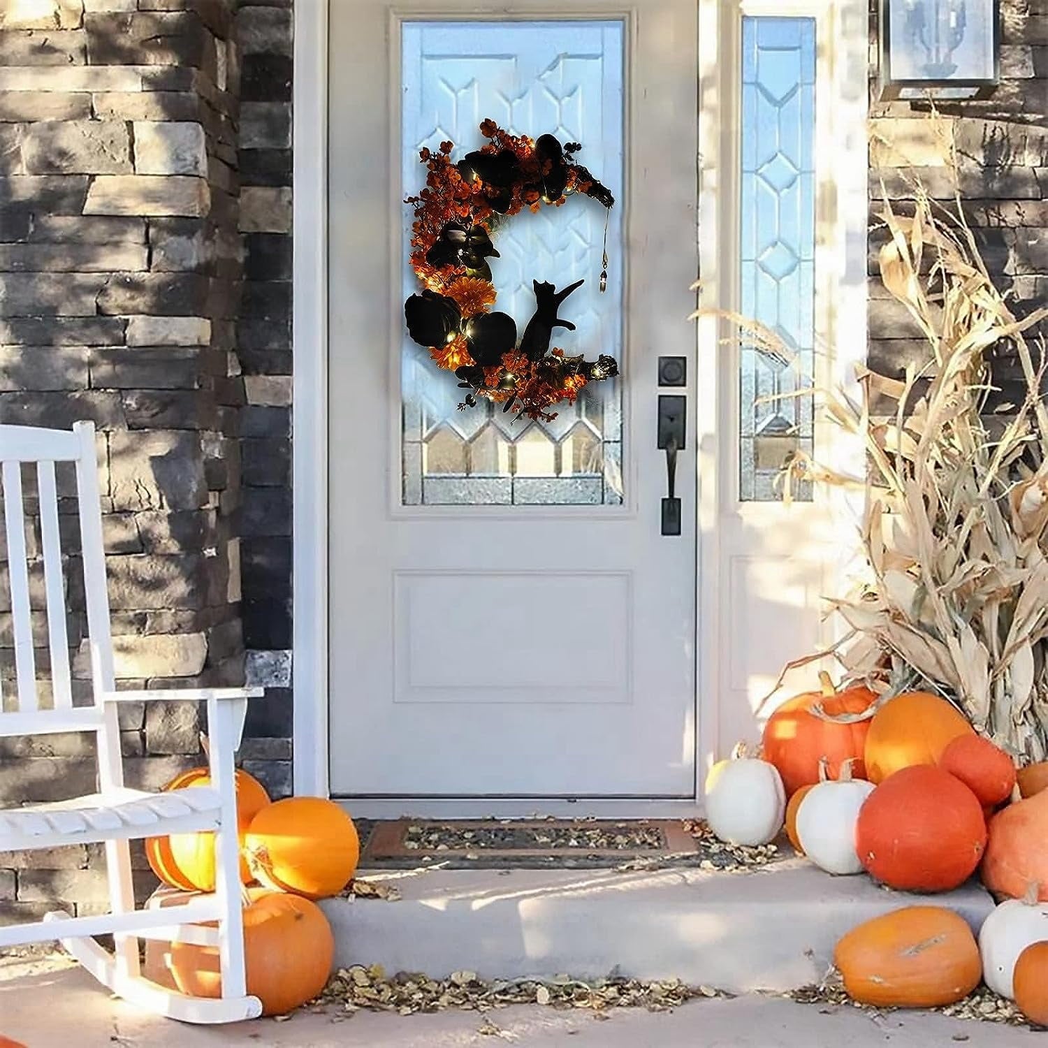 Wiher Halloween Wreaths with Lights for Front Door, 13.77" Halloween Moon Wreath with Black Cat Wood Wreath Halloween Wreath Horror Decorations for Home Party Window Wall Indoor Outdoor C