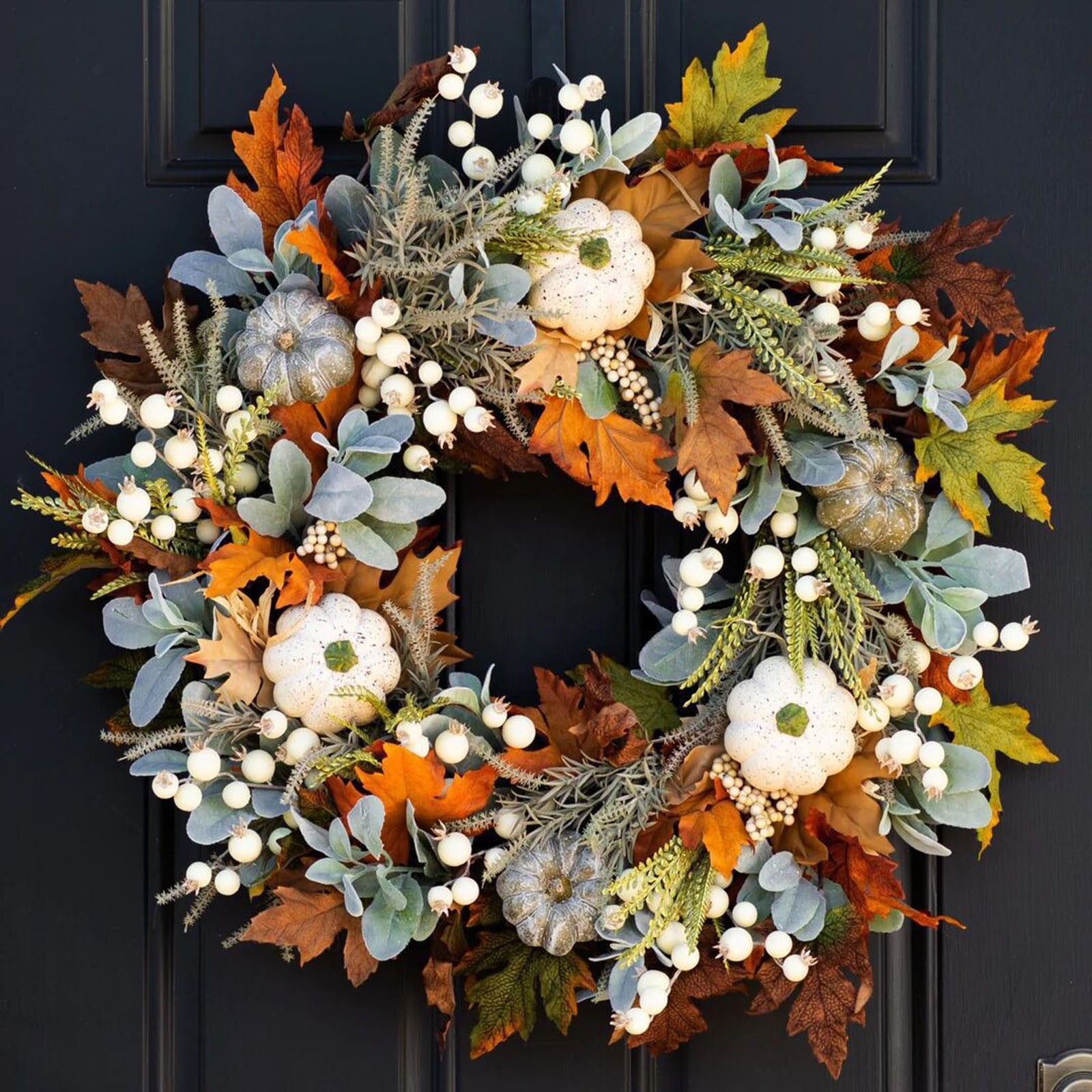 Fall Peony and Pumpkin Wreath for Front Door - Thanksgiving Wreath, Year Round Durable Farmhouse Wreath with Maple Leaves, Berries, Pinecones, and Pumpkins for Thanksgiving, Halloween, Home Decor