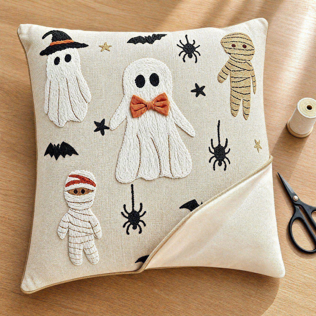 Yeciiwht Halloween Throw Pillow Cover – 18*18inch Embroidered Linen Cushion Case with Ghost, Mummy & Bat Designs, Invisible Zipper, Machine Washable