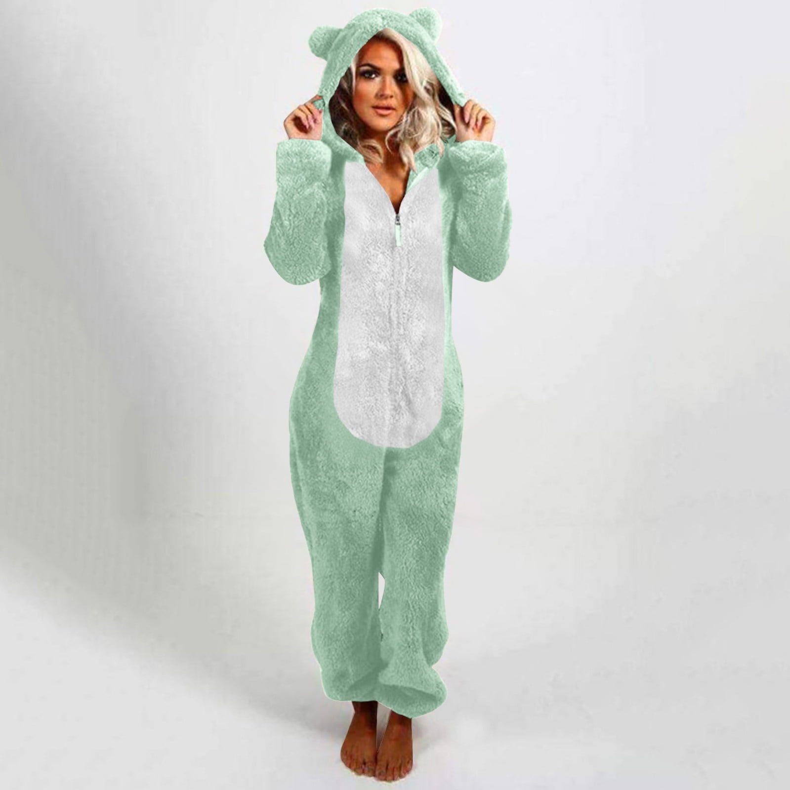 QATAINLAV Sherpa Fleece Jumpsuit for Women Winter Warm Fuzzy Onesie Pajamas Cute Cat Hooded Romper Casual Zip Up Overalls Sleepwear Black XL