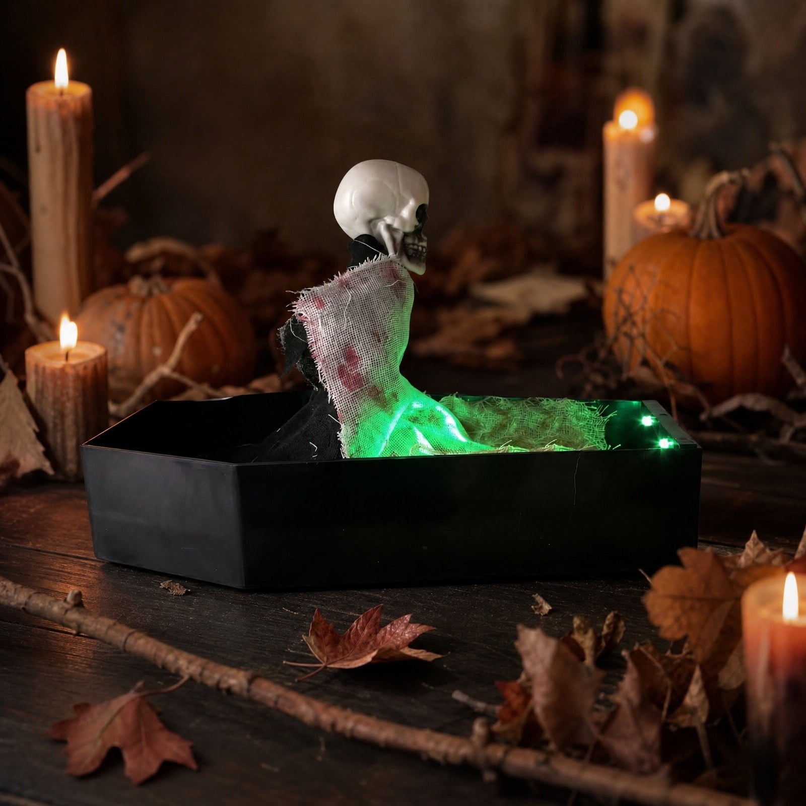 Halloween Animated Coffin Decoration, Rising Skeleton Skull Prop with LED Lights Motion Effect, Creepy Graveyard Horror Decor for Indoor Outdoor Party Tabletop Hau*nted Hous Display