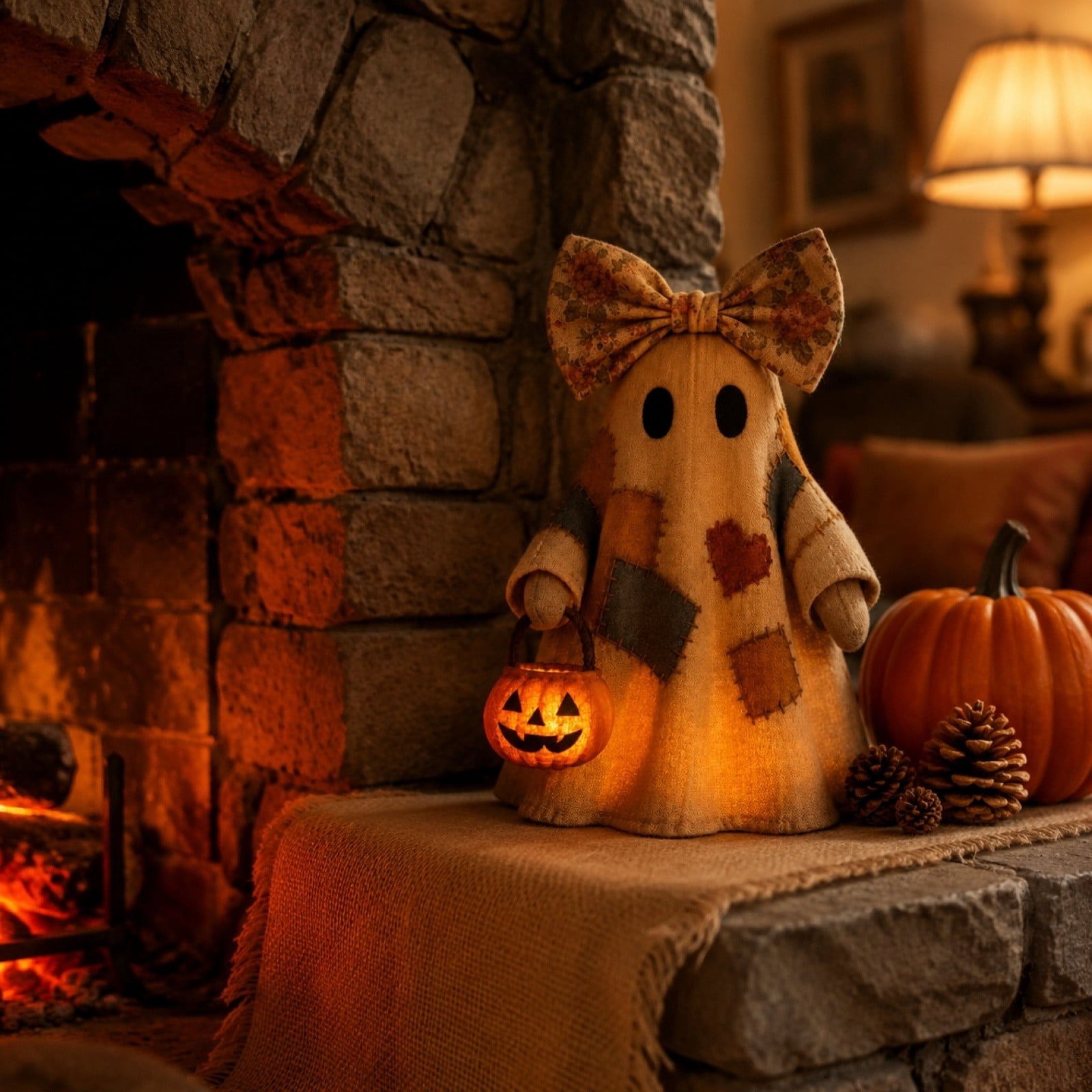 Tumdkd Vintage Patchwork Ghost Decor with LED Pumpkin Light, Soft Fabric Halloween Ornament for Mantel Shelf Tabletop, Cozy Family-Friendly Holiday Accent