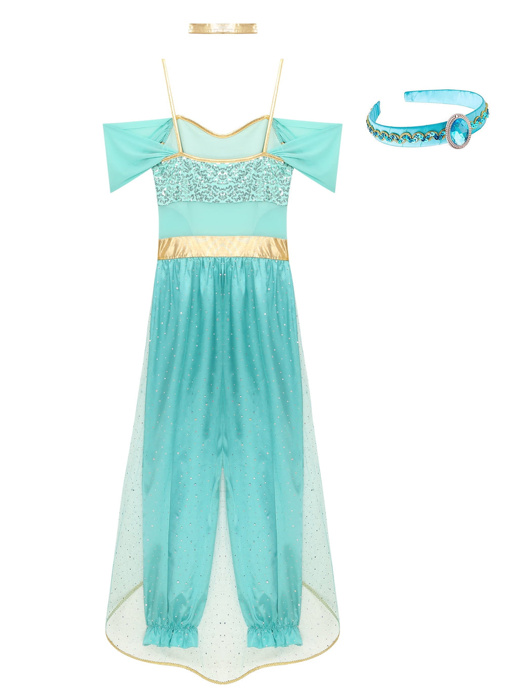 YiZYiF Women's Arabian Princess Dance Costume Halloween Party Fancy Dress Shiny Belly Dance Jumpsuit Turquoise B M