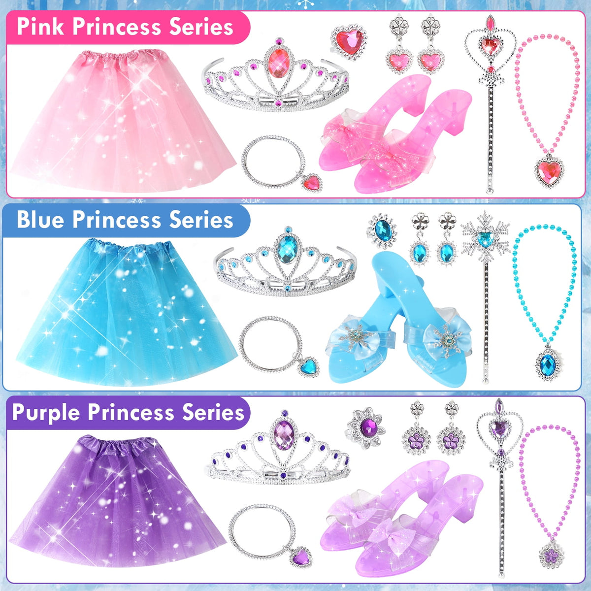 Princess Dress Up Toddler Girl Toys, Dress Up for Girls 3 4 5 6 Year Old, Princess Toys for Toddler, Upgraded with 3 Sets, Include Jewelry, Crown, Shoes, Princess Wand...Birthday Gift
