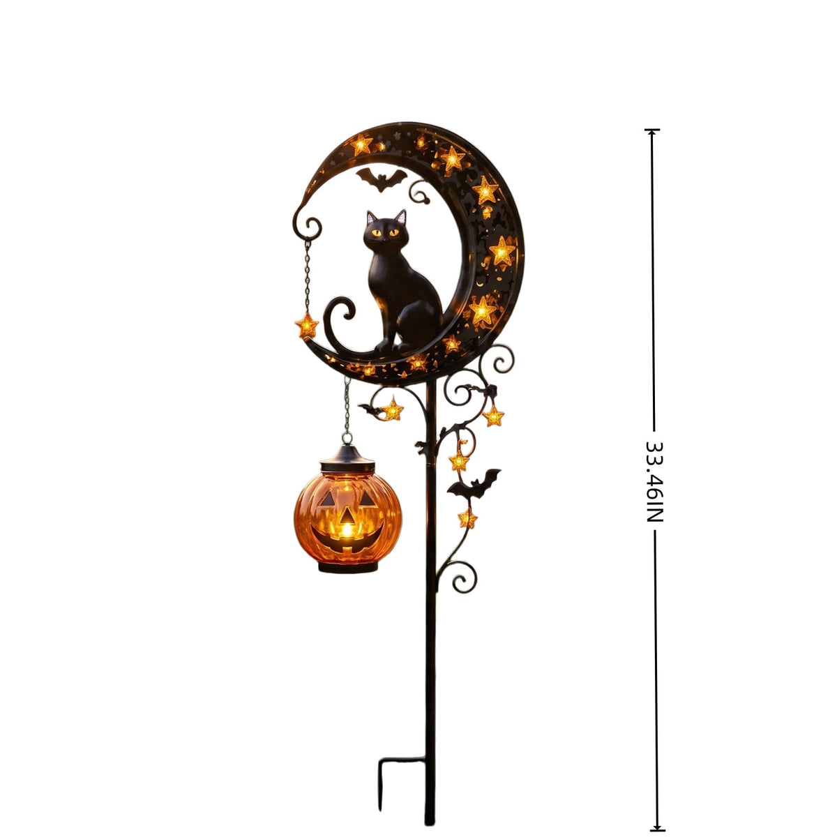 Clearance 35" Halloween Solar Pumpkin Moon Garden Stake Light with Black Cat Outdoor Waterproof LED Yard Decoration Hanging Jack-o'-Lantern for Garden, Patio, Walkway, Porch (C)