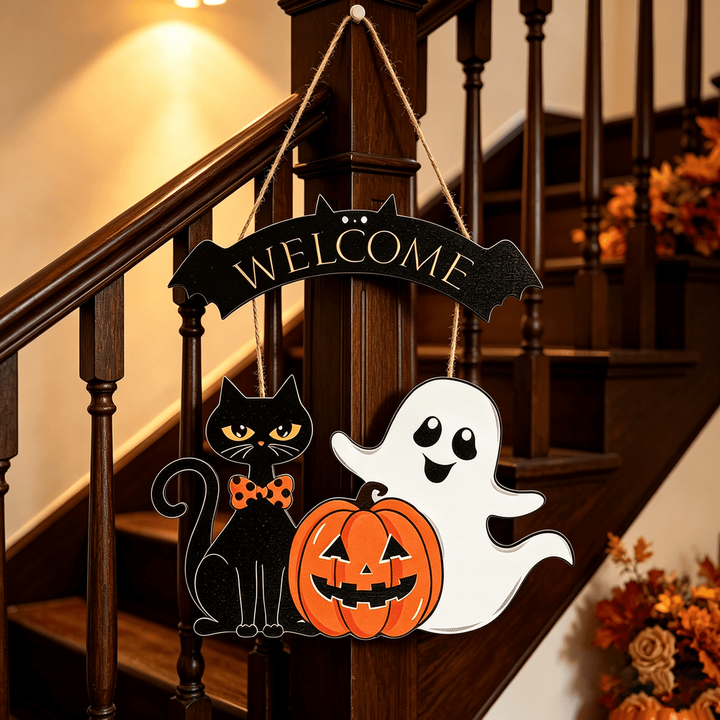 Halloween Decoration Wooden Ghost Door Halloween Wreath for Front Door Sign Hanging Indoor Outdoor Spooky Wreath for Home Wall Porch Party Decor