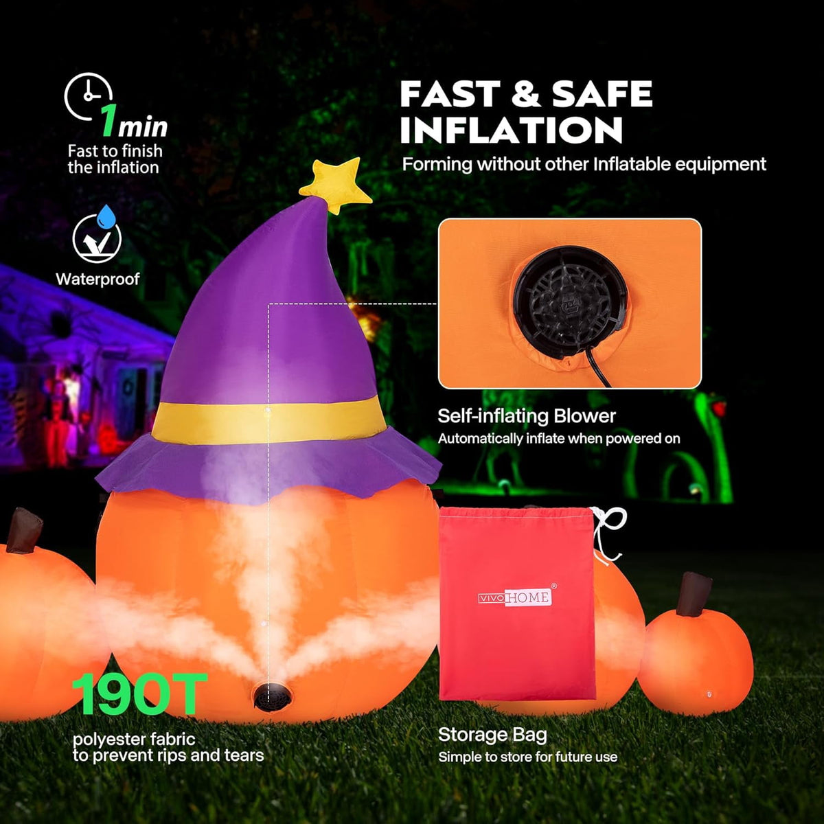 SPECSTAR 6ft Long Halloween Inflatable LED Lighted Pumpkin Family Blow up Outdoor Lawn Yard Decoration