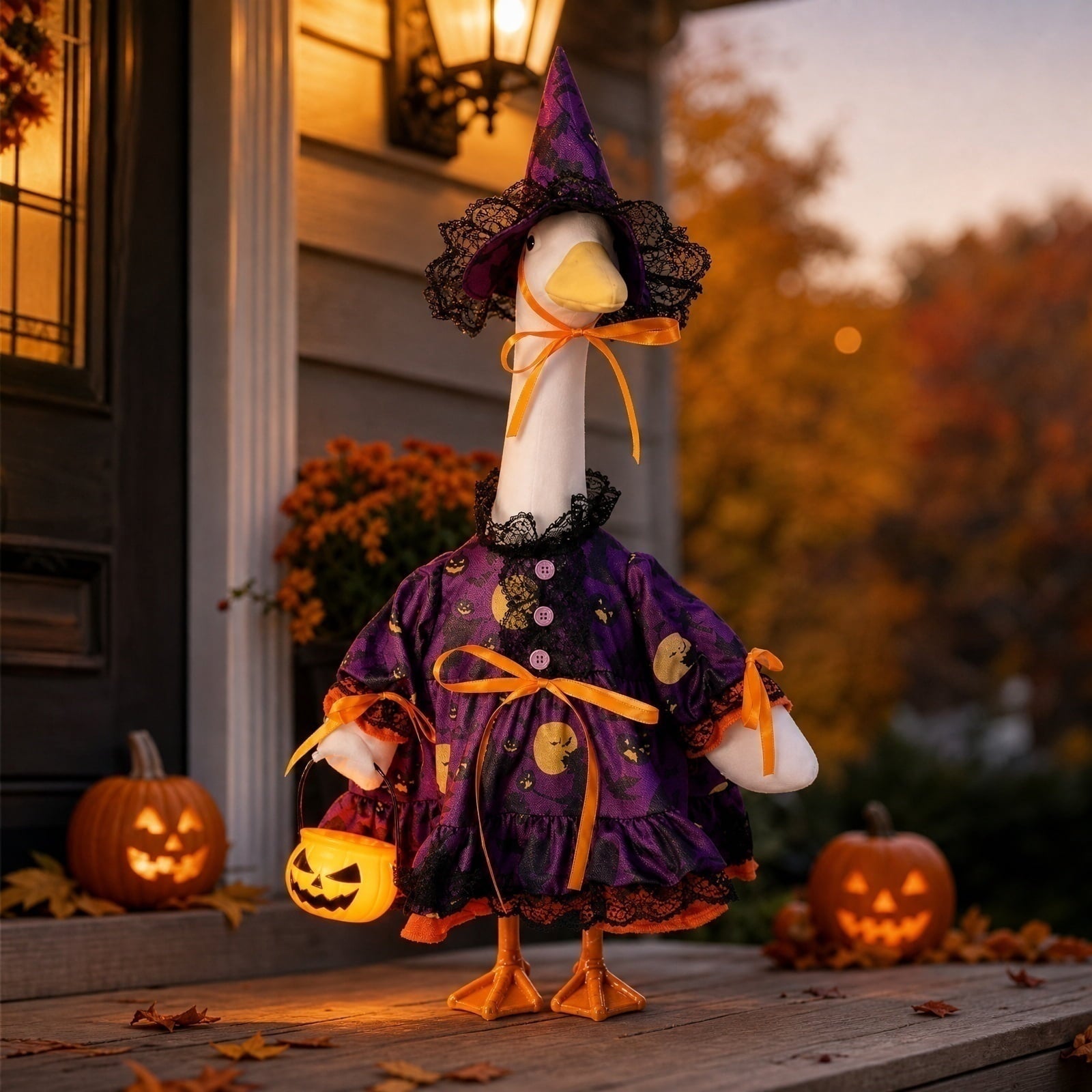 Outdoor Holiday Yard Decor, 23 Inch Porch Goose Outfits, Halloween Pumpkin Themed Porch Goose Clothes, Porch Goose Set with Hat and Treat Bag, Fits Standard 23 Inch Large Porch