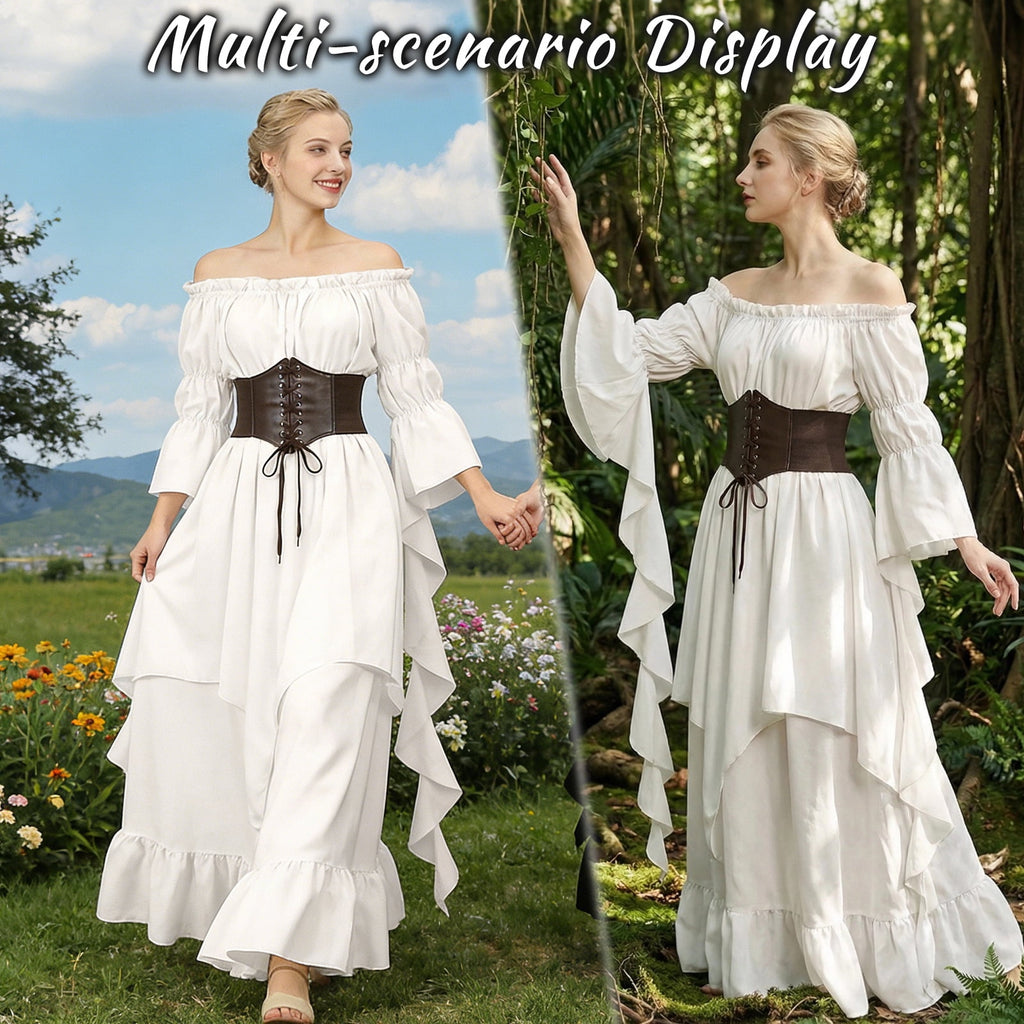 IROOZIGOTO Womens White Medieval Renaissance Maxi Dress Off Shoulder Long Flare Sleeve with Brown Lace Up Corset Belt Halloween Cosplay Costume