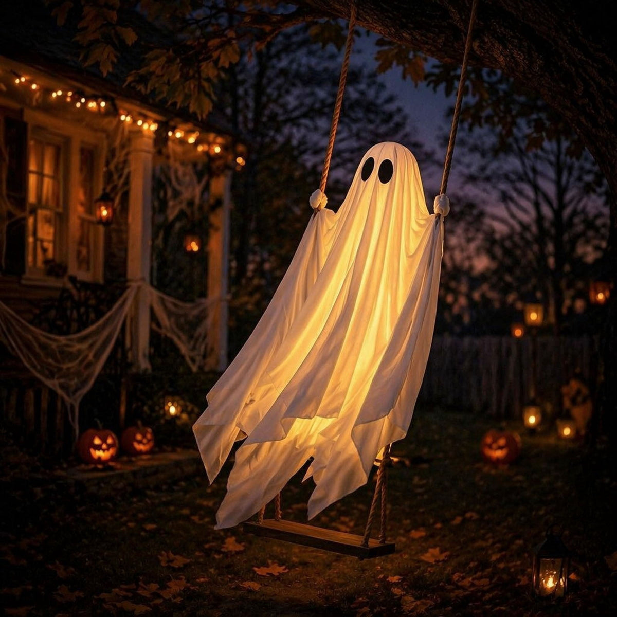 Cloth Hanging Swing Ghost Halloween Outdoor Decor,Remote Controlled LED Lighted Floating Ghost Ornament With 8 Lighting Modes For Porch Tree Yard Seasonal Holiday Display,Total Length 120.4 in.A