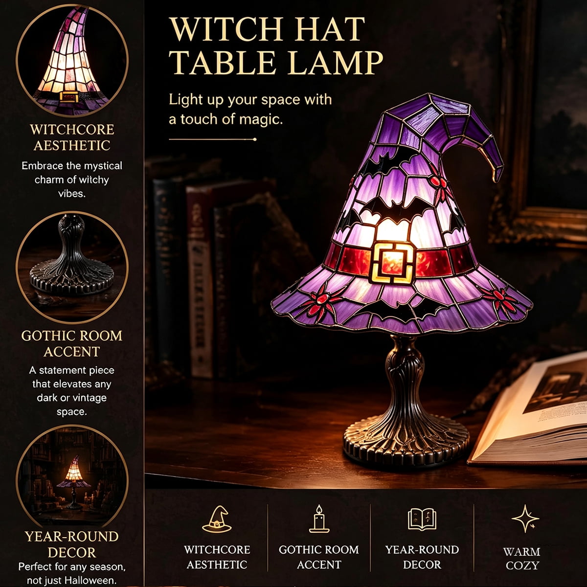 Clearance Halloween Table Lamp Decorations, Witch Hat Lamp Gifts - Handcrafted Retro Resin Witch Lamp, USB Powered Gothic Wizard Hats Night Light, Home Decor Accent Lamps for Bedroom