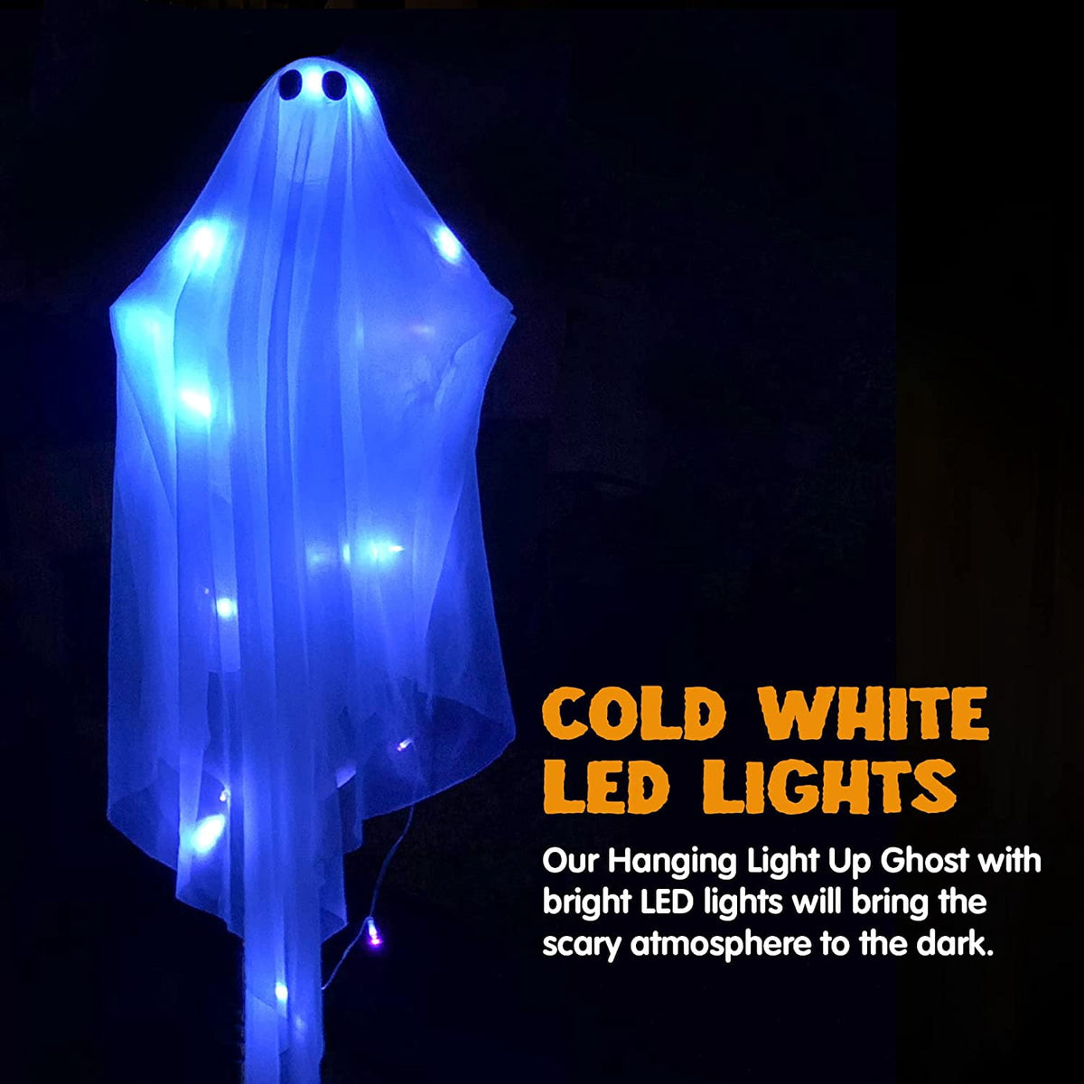 Ayieyill Halloween Ghost Decor with Warm White LED Light, 47” Light up Hanging Ghost Halloween Yard Porch Decorations Outdoor
