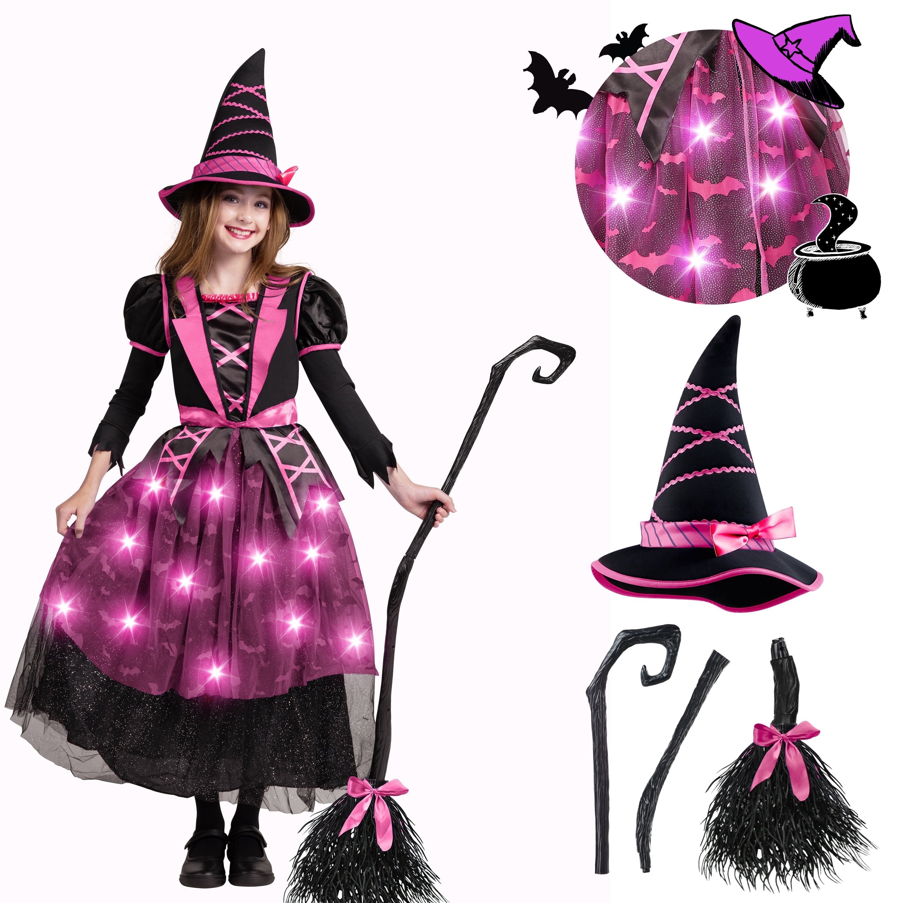 Joyfy Light up Witch Costume for Girls,Starry Witch Dress with Broom Hat for Kids and Toddlers, Perfect for Halloween Party Dress-up Cosplay Age 5-7