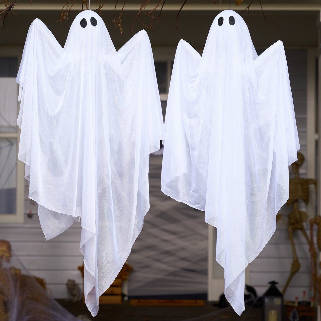 Joyfy 47" Halloween Hanging Light up Ghost Decorations Outdoor,White Ghosts with Blue LED Light and Timer Halloween Hanging Decoration Waterproof for Front Yard Patio Lawn