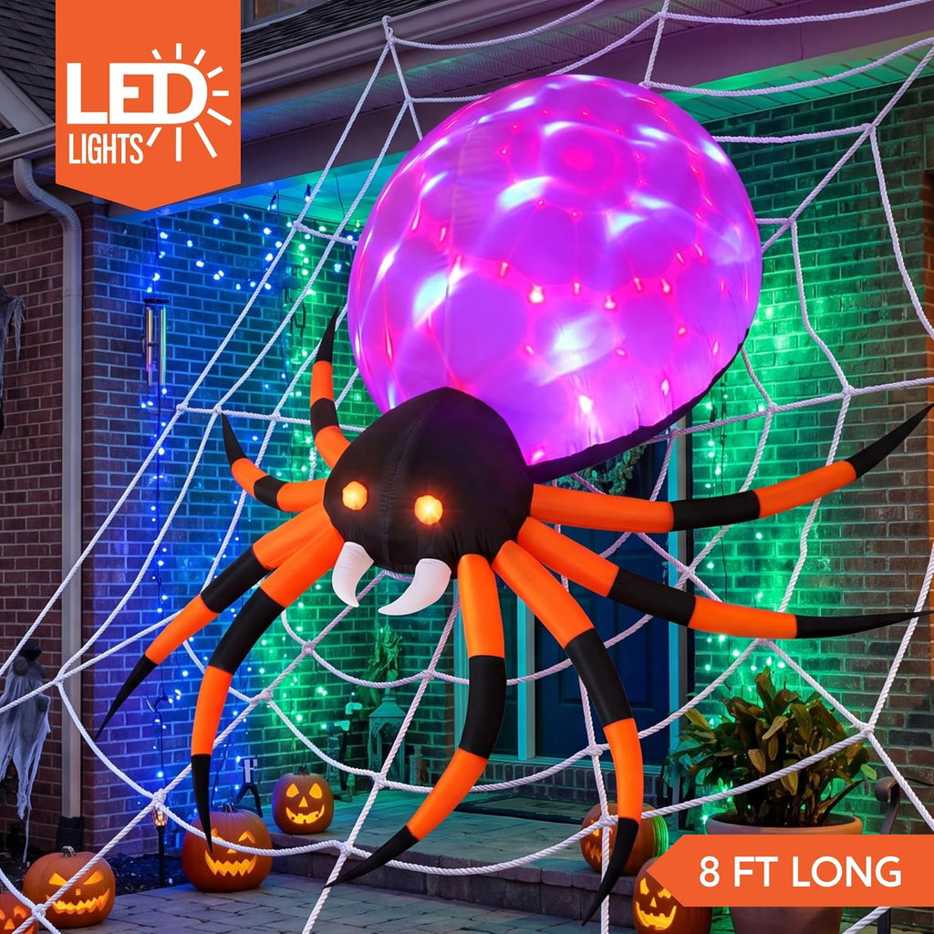 Joyfy 8 FT Halloween Inflatables Spider with Rotating Colorful Light,Light Up Spider with Orange Eyes Halloween Blow up Yard Decorations,Outdoor Halloween Decor