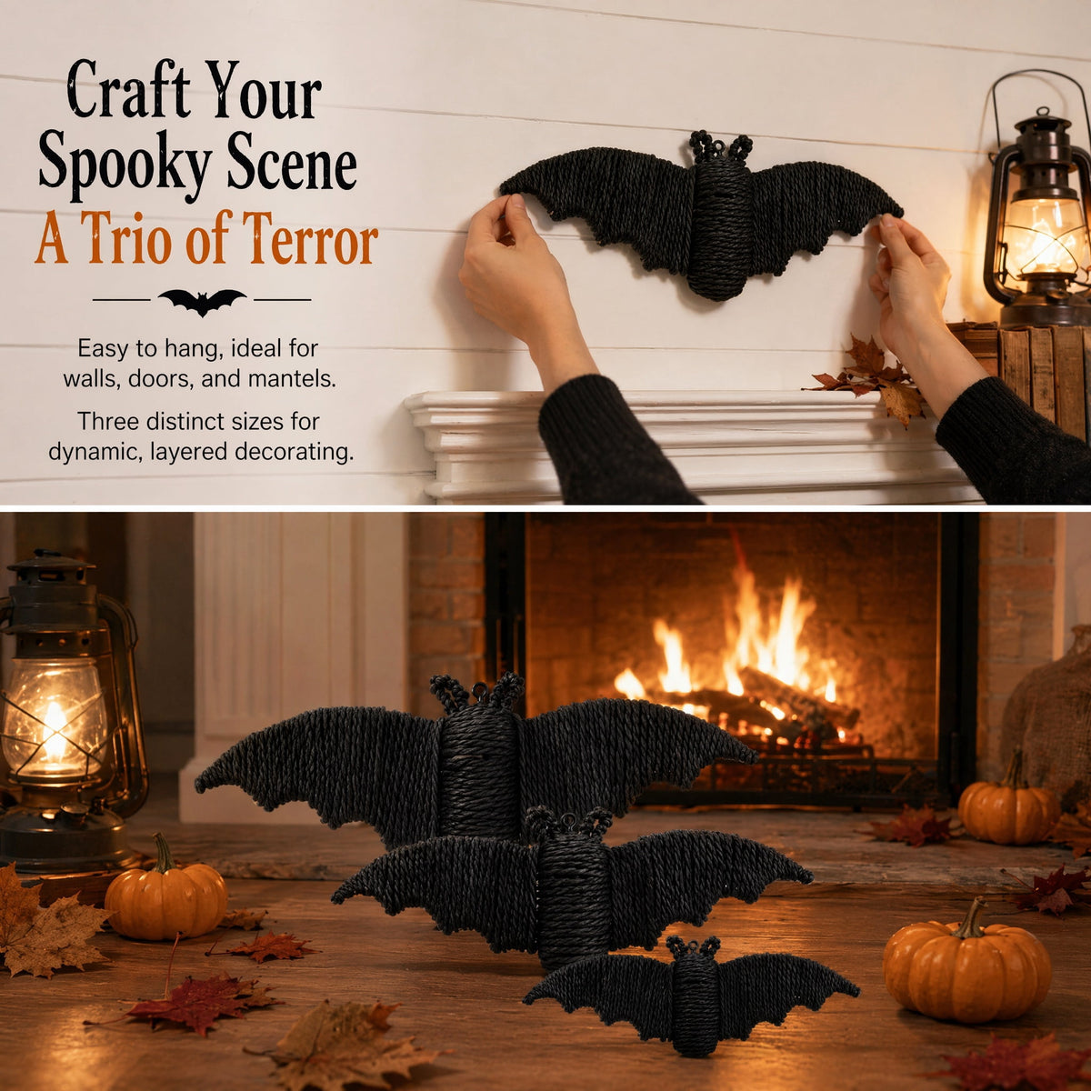 3 Pcs Woven Rattan Bat Wall Hanging Halloween Decor, 3D Scary Handcrafted Black Rope Bats, Rustic Natural Farmhouse Halloween Creepy Decorations for Home Fireplace Door, 13.39/11.81/9.84 Inch