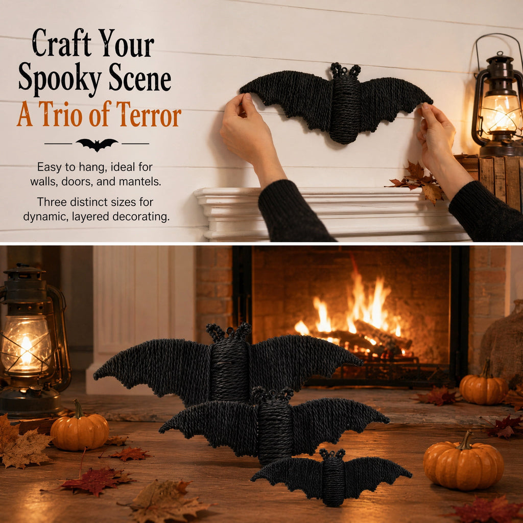 GoLucid Halloween Woven Bat Wall Decoration 3 Pack, Handcraft Rattan Bat Hanging Ornament Set 6.3" 7.48" 9.06", Indoor Outdoor Decor