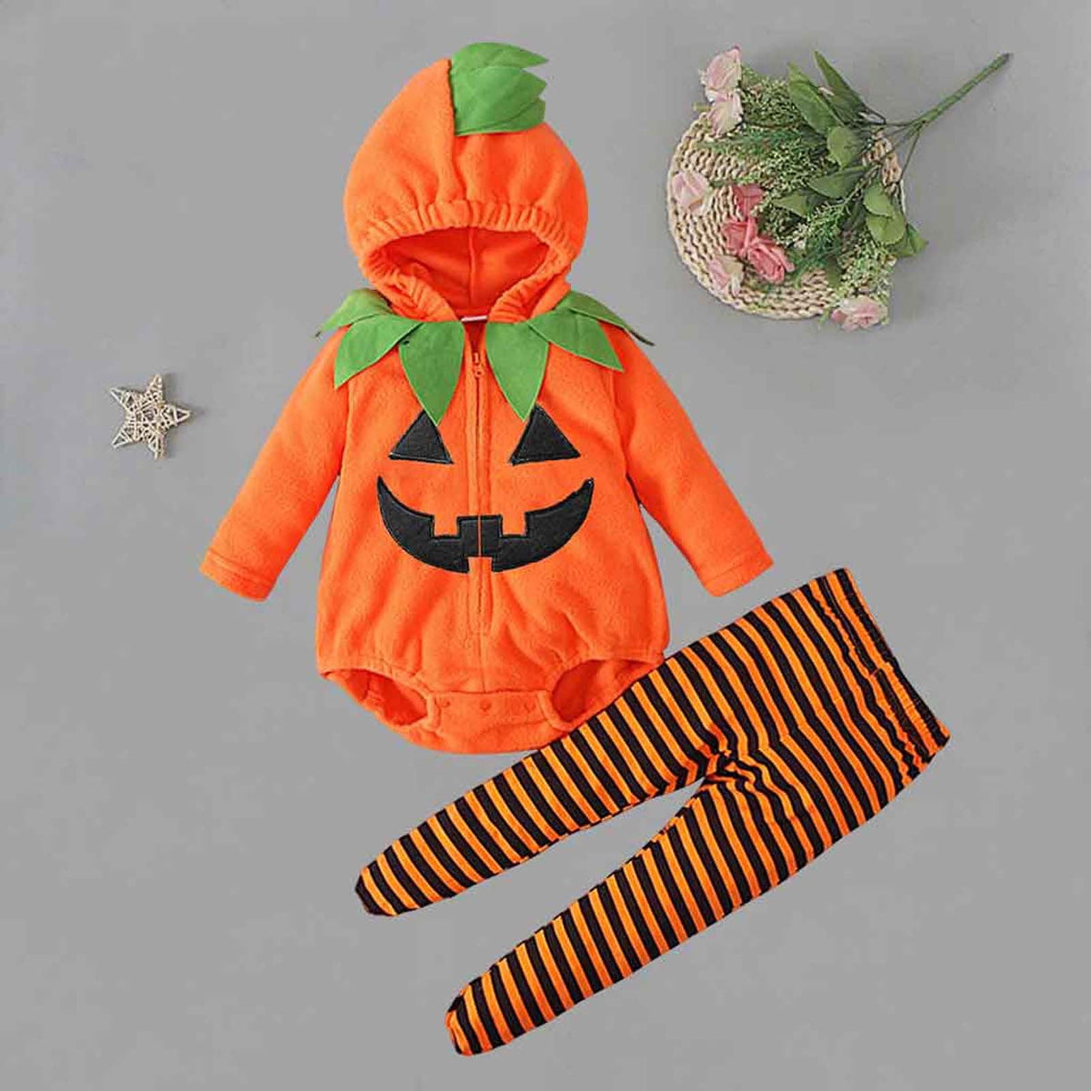 Newborn Infant Cute Jack-O-Lantern Costume Halloween Bodysuit and Striped Leggings Set Fall Holiday Fancy Dress Up Outfit for Boys Girls Party Festival