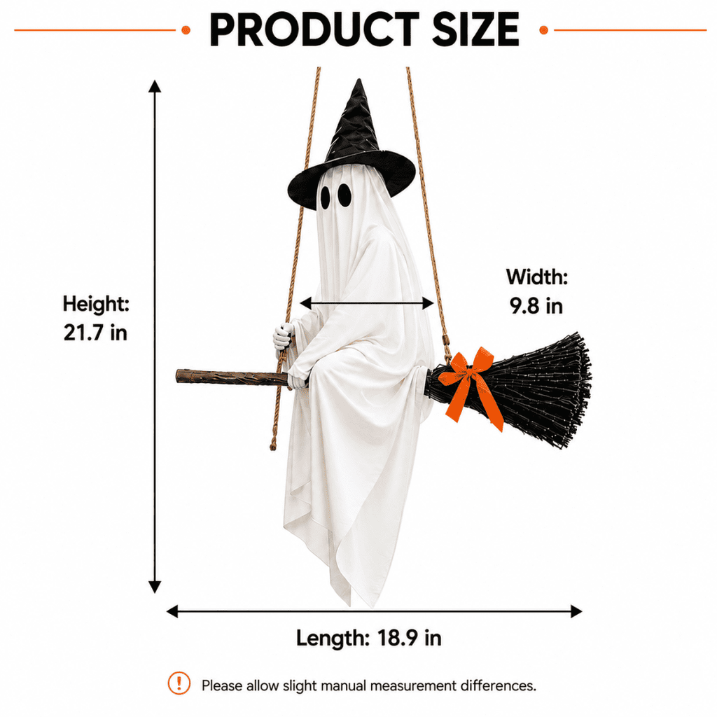 LIGHTED HANGING GHOST WITCH HALLOWEEN DECORATION Floating White Ghost With Black Witch Hat Rustic Broom And Orange Bow Warm Glow