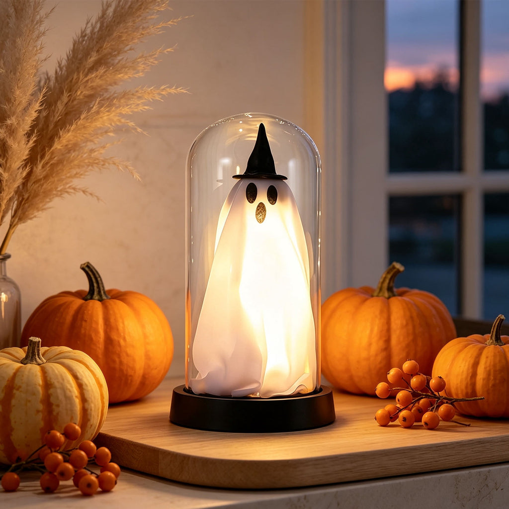 Darzheoy Halloween Decoration Ghost Cloche Lamp, with 3 Mini Figurines, Halloween Ghost Spooky, White Warm Glow, 1 Count