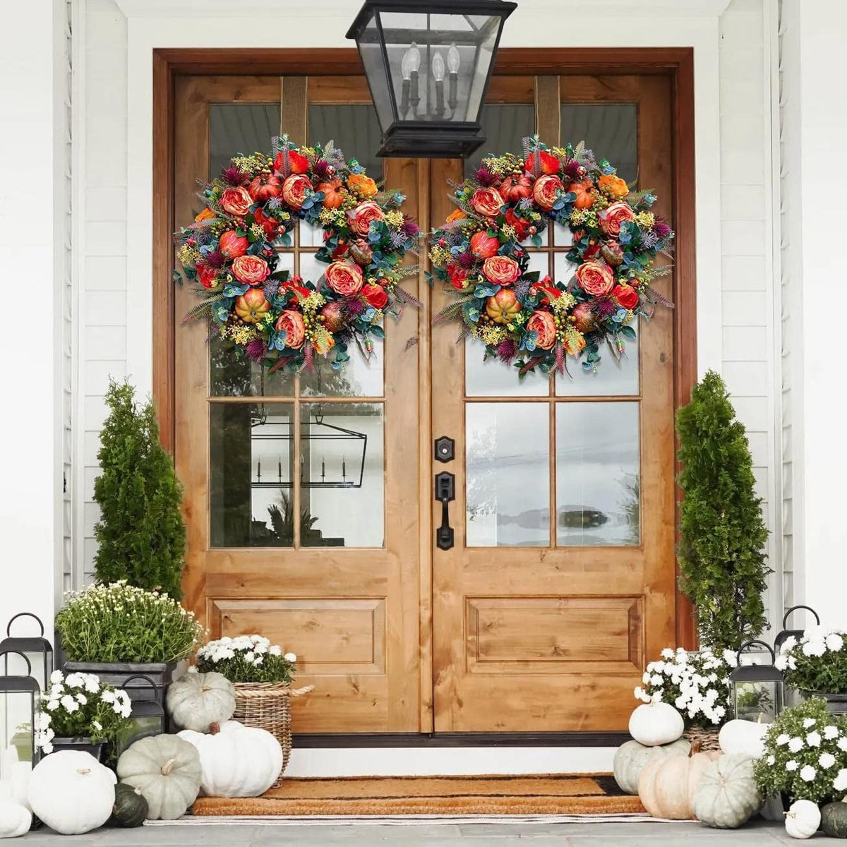 KOMI Fall Peony and Pumpkin Wreath, Autumn Year Round Wreaths for Front Door, Artificial Fall Wreath, Halloween Wreath, Fall Wreaths for Front Door, Autumn Wreath Thanksgiving Wreath (19.68 Inch)