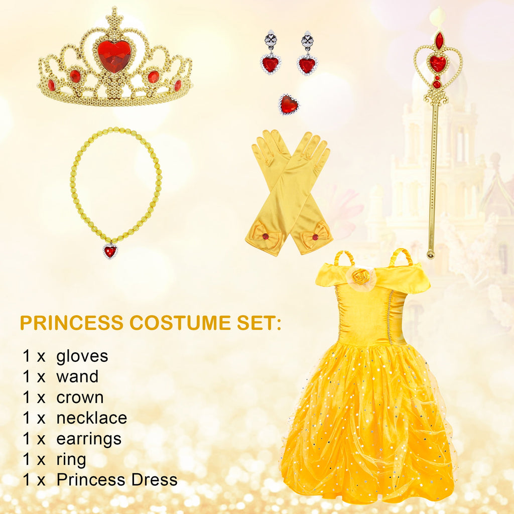 Jurebecia Princess Dress for Girls Costume Kids Off Shoulder Layered Toddler Halloween Cosplay Birthday Party Outfit up Yellow 120 cm 5-6 Years