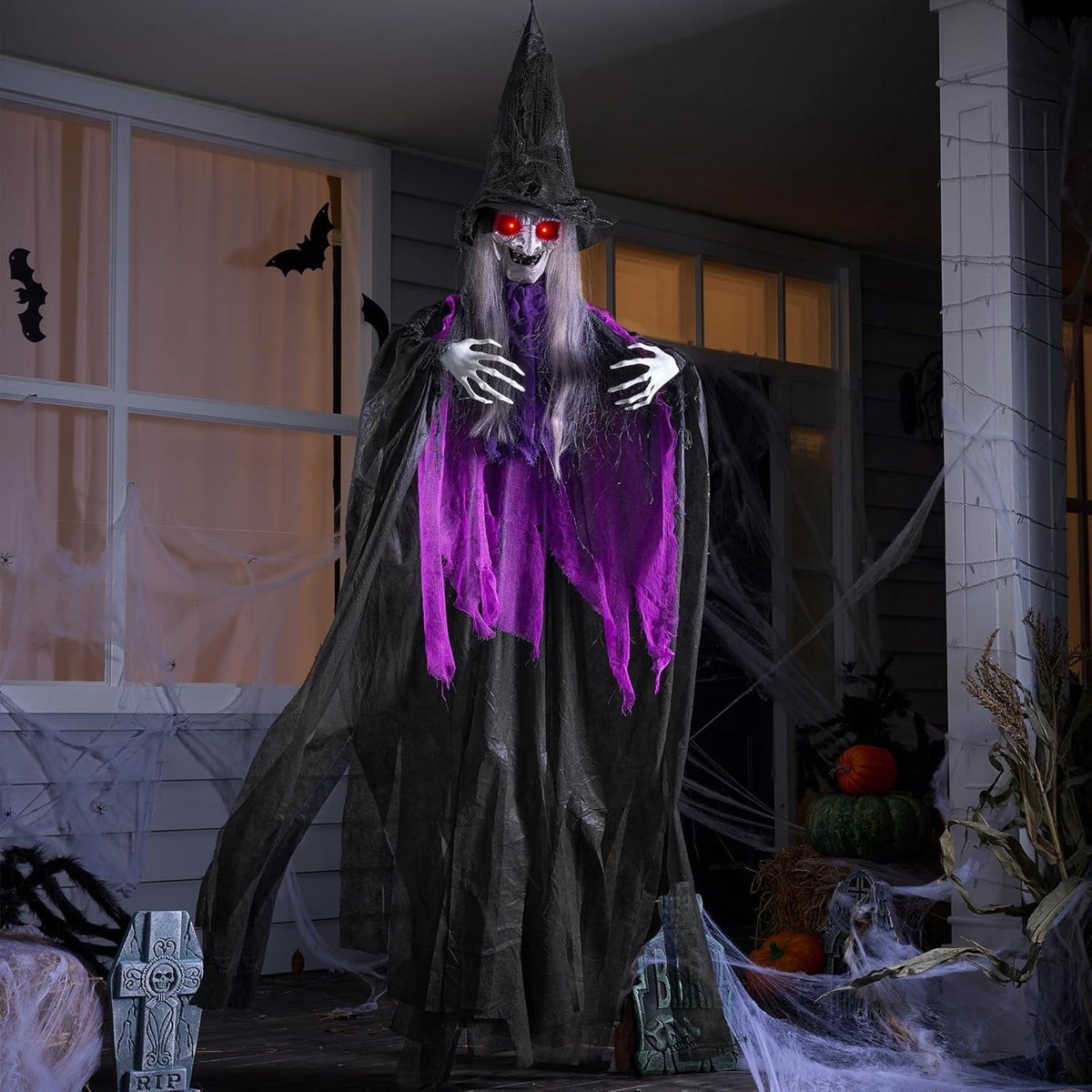 Joyfy 47" Halloween Decorations Outdoor,Life Size Animated Witch Scary Decorations Halloween Motion Activated Witch with LED Eyes & Sound,Haunted House Decor